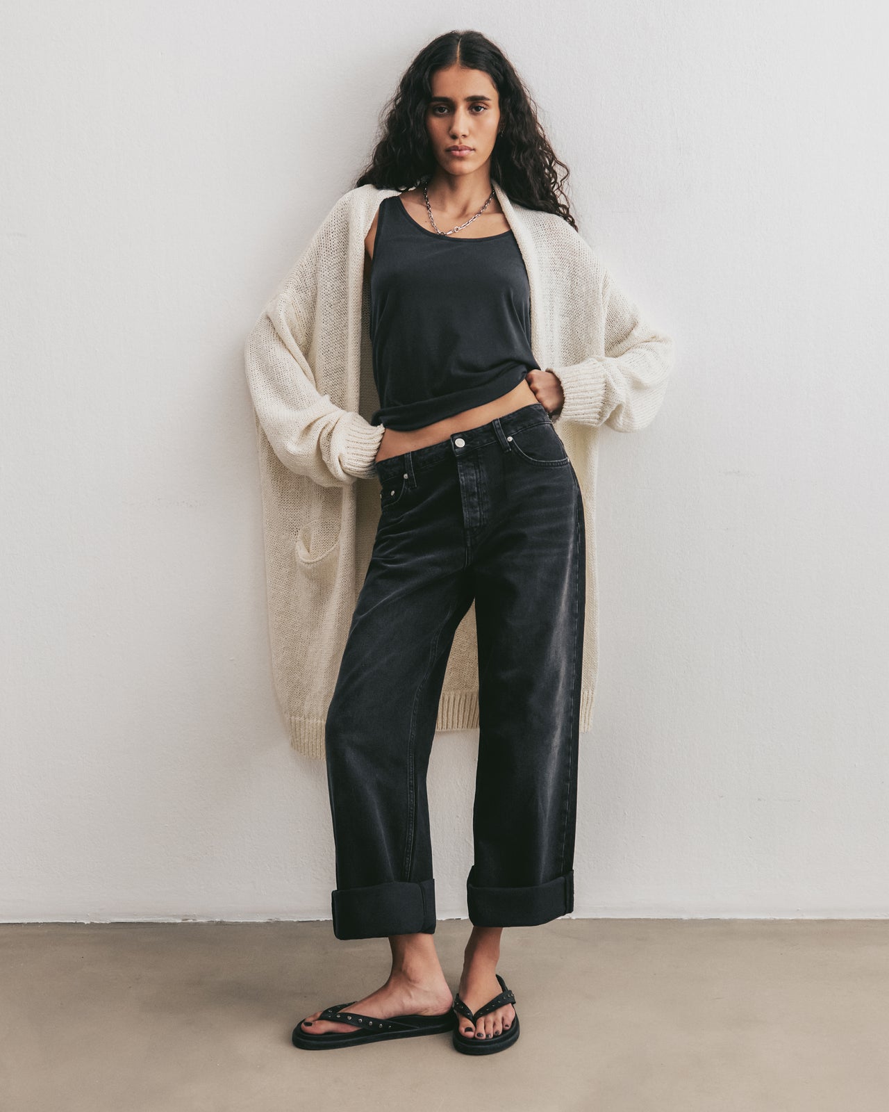 Ecru Thin Long Knitted Cardigan Black Baggy Jeans Dark Base Tank Top - Product photo